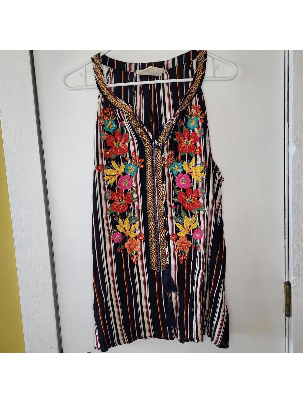 Savanna Jane sleeveless boho striped tank top  colorful floral embroidery 1X